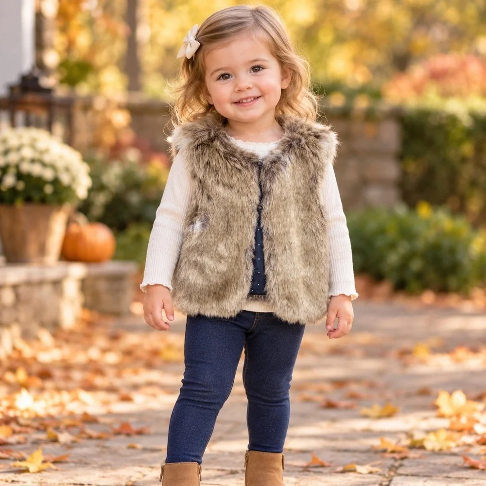 OshKosh B'gosh Girls 2T Brown Faux Fur Vest Polka Dot Lined Fall Winter Holiday